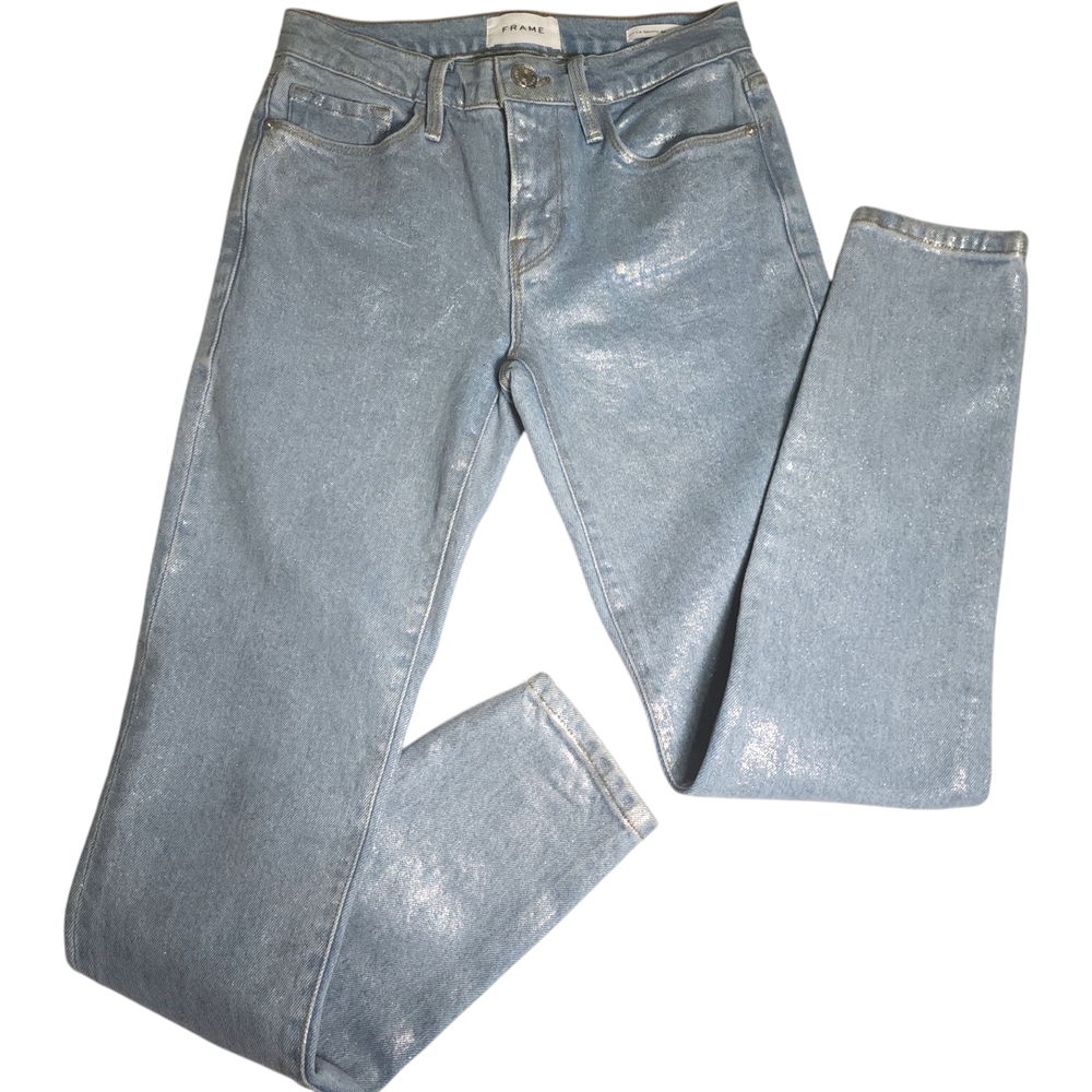 FRAME Le Skinny de Jeanne Metallic Chrome Coated Jeans Silver Skinny Size 24 - Picture 7 of 15